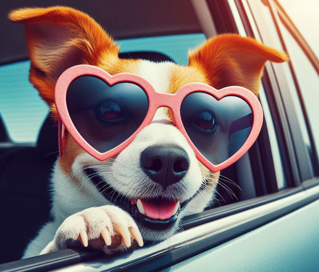 Dog in the Car Window wearing heart shaped sun glasses, Valentines